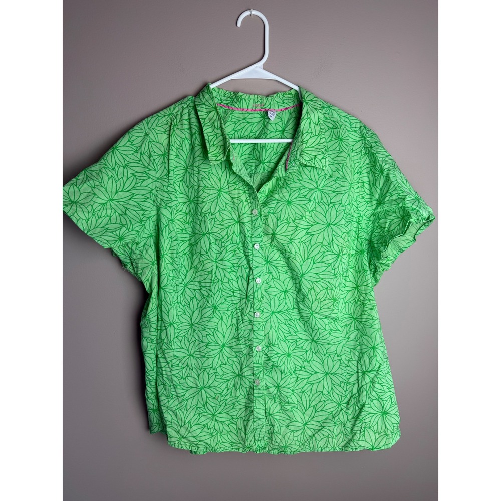 IZOD Women Green Floral Geometric Cotton Short Sleeve Button Up Shirt 2X